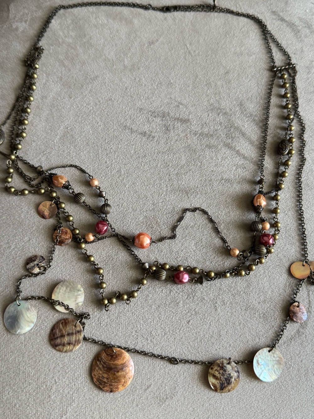 Multi-Strand Shell & Bead Necklace in Mixed Metallic and Coral Tones